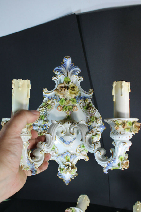 PAIR capodimonte marked porcelain floral wall sconces lights