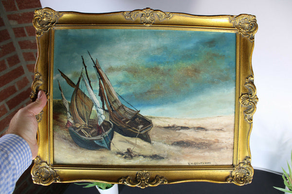 Vintage belgian oil canvas painting boats beach maritime theme signed 1970s