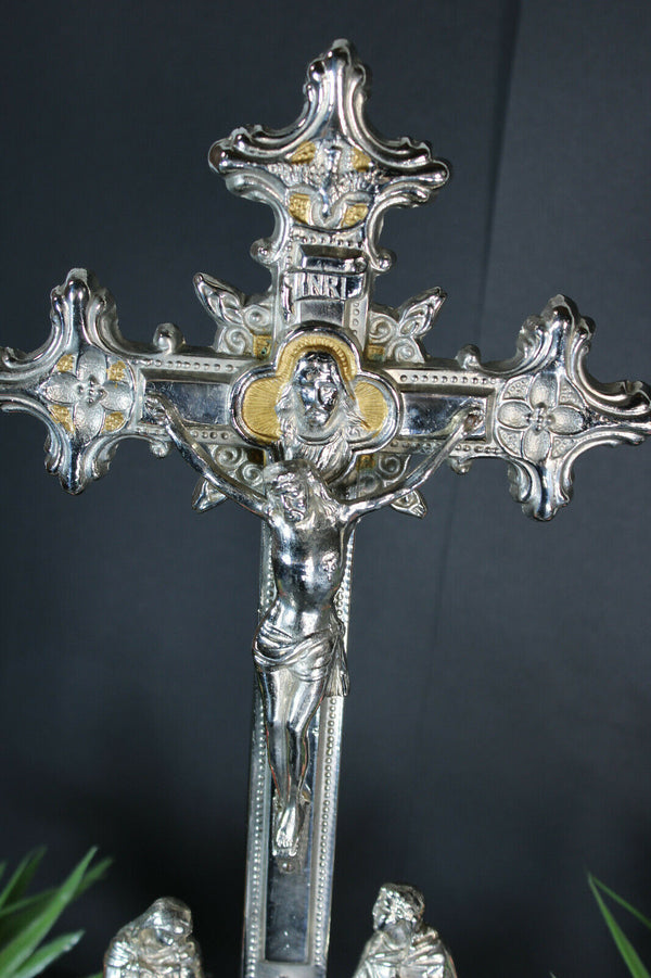 Antique French spelter zinc Crucifix Calvary 4 evangelist symbols religious