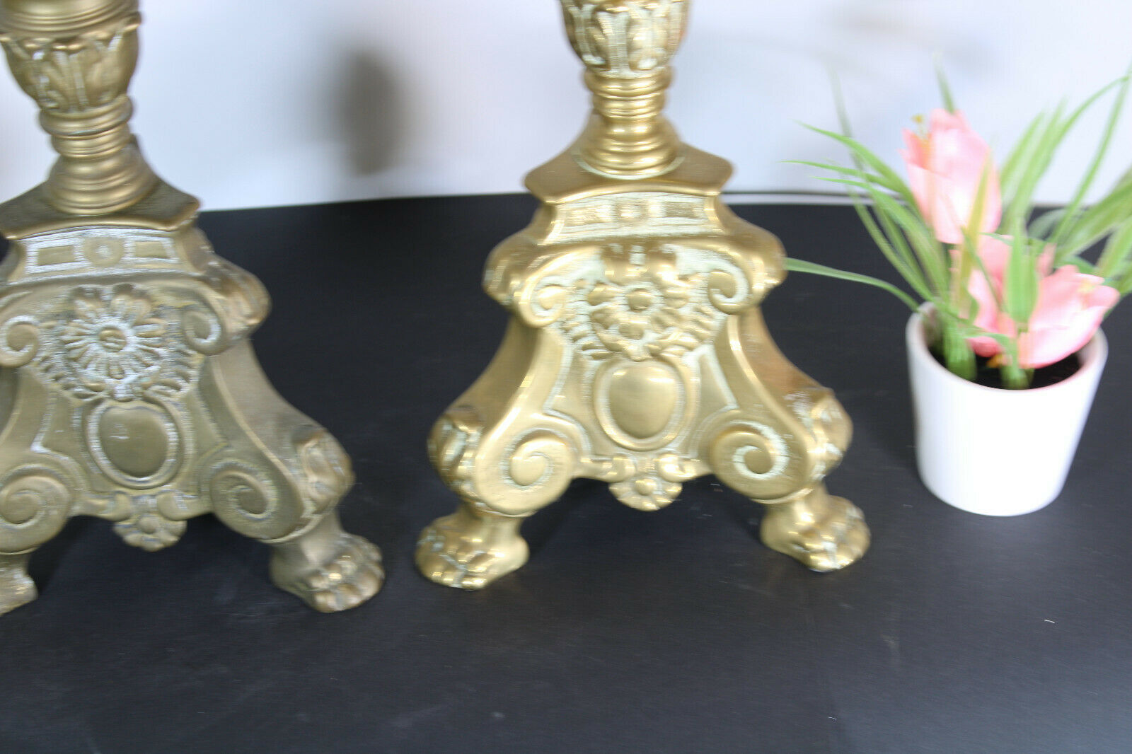 2 Antique French Brass Candlesticks, 1850s Candle Holder Set