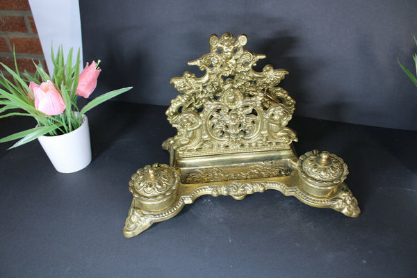 Antique Brass putti cherub inkwell desk letter holder