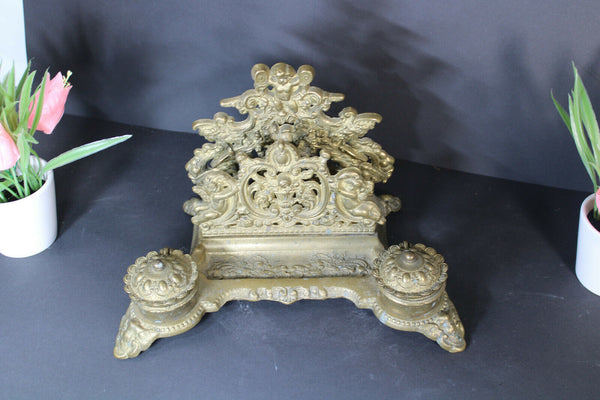 Antique Brass putti cherub inkwell desk letter holder