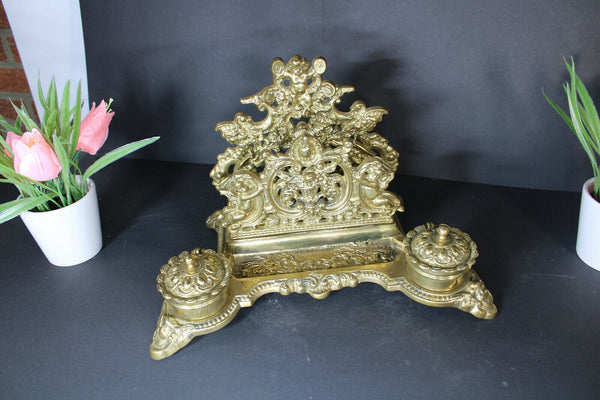 Antique Brass putti cherub inkwell desk letter holder