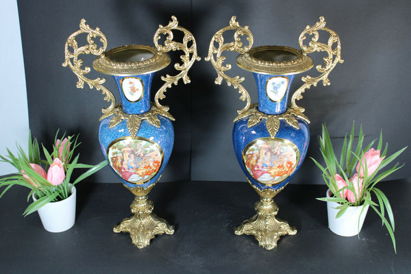 PAIR french  porcelain Vases brass handles romantic decors