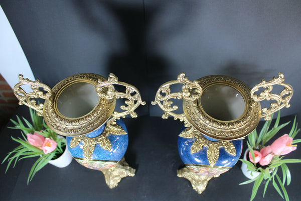 PAIR french  porcelain Vases brass handles romantic decors