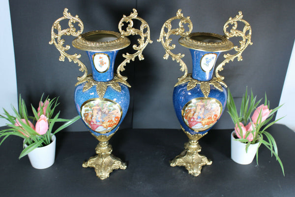 PAIR french  porcelain Vases brass handles romantic decors