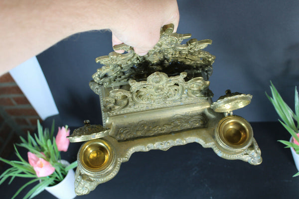 Antique Brass putti cherub inkwell desk letter holder