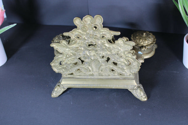 Antique Brass putti cherub inkwell desk letter holder