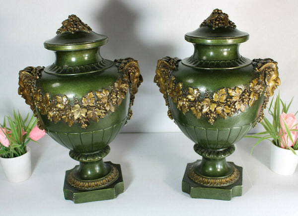 PAIR XL antique chalkware art nouveau satyr devil head amphore vases marked