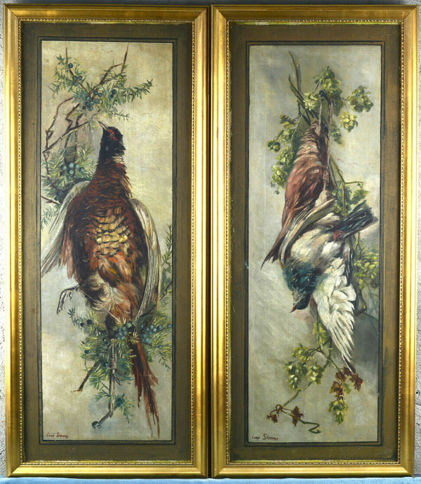 XL 42.5" pair antique flemish oil panel hunting trophy painting birds signed