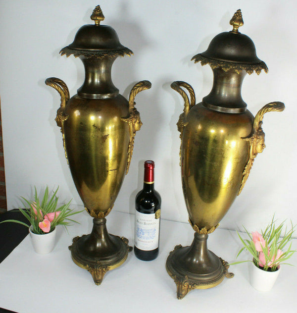 PAIR antique XL MEtal copper Vases bronze caryatid heads