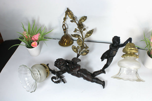 Antique French brass spelter 2 putti cherub chandelier pendant lamp rare