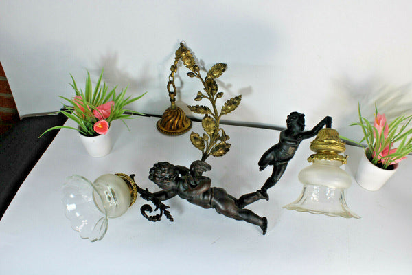 Antique French brass spelter 2 putti cherub chandelier pendant lamp rare