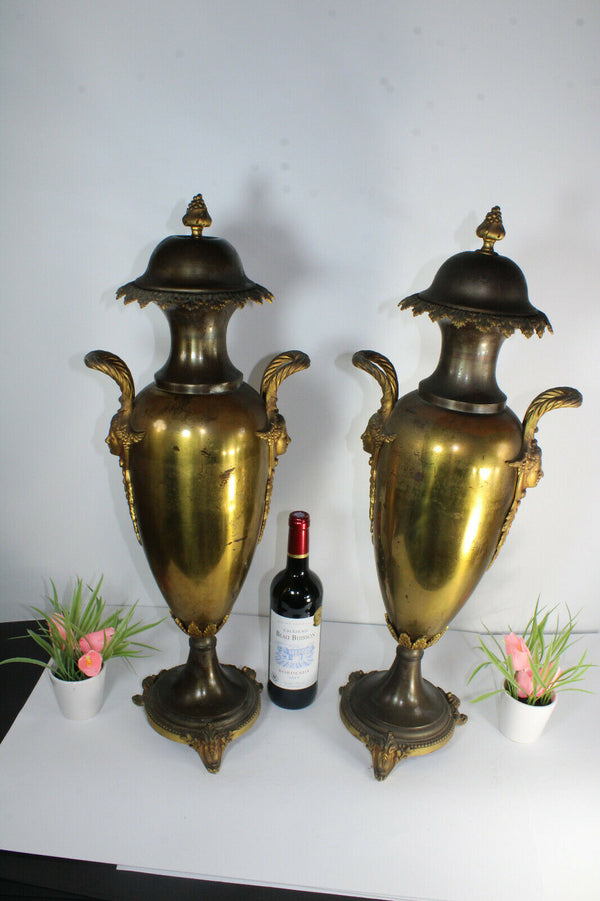 PAIR antique XL MEtal copper Vases bronze caryatid heads