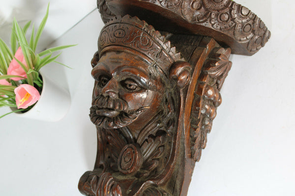 Antique French gothic wood carved head wall console devil satyr