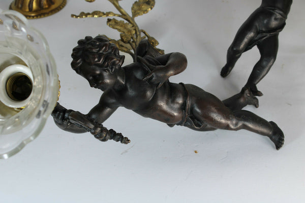 Antique French brass spelter 2 putti cherub chandelier pendant lamp rare