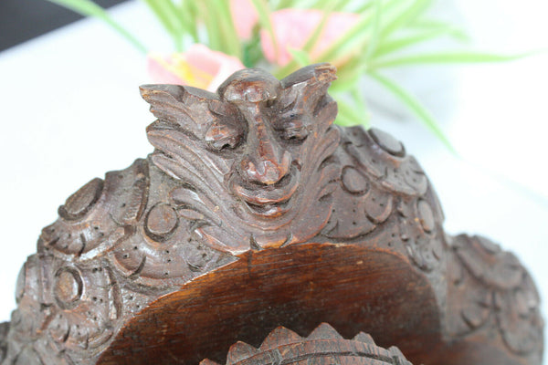 Antique French gothic wood carved head wall console devil satyr