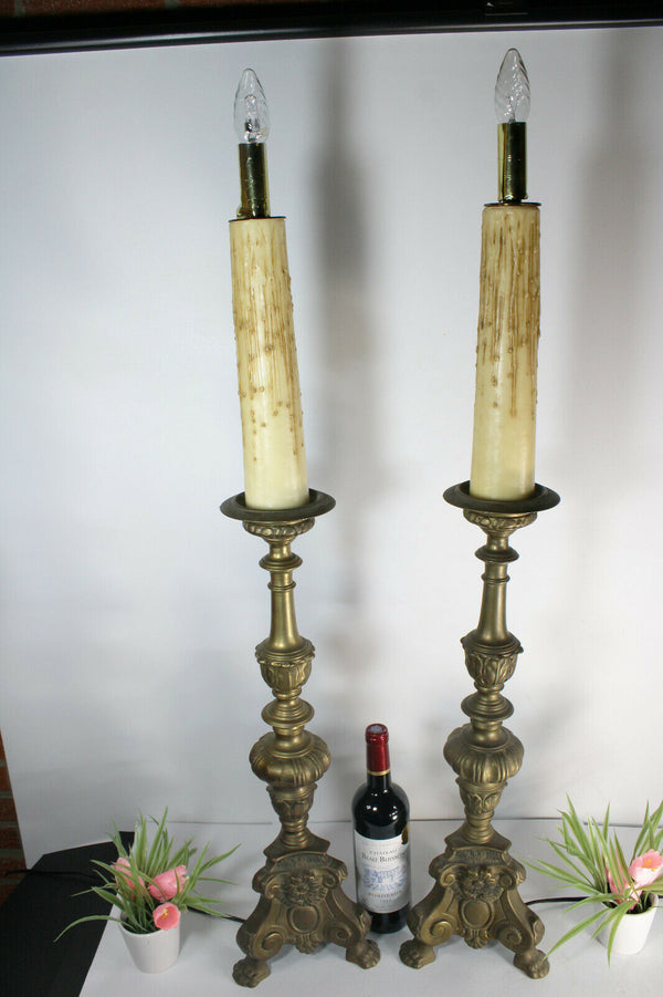 PAIR XXL french Church bronze altar candle holder lamps religious