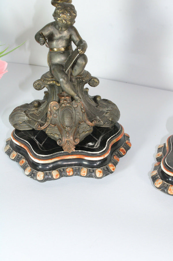 PAIR antique Cherub putti figural Candelabras candle holders zamac metal