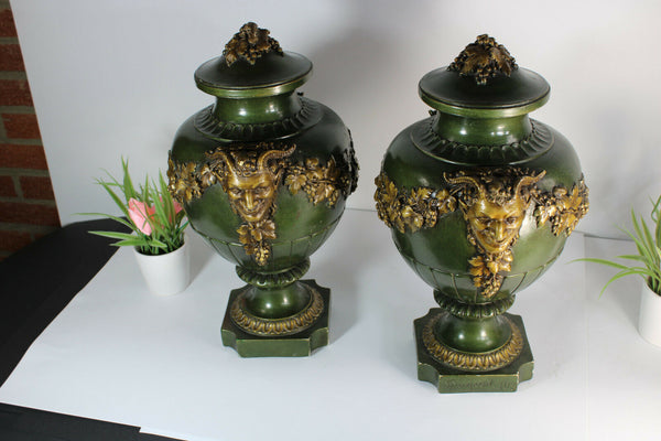 PAIR XL antique chalkware art nouveau satyr devil head amphore vases marked