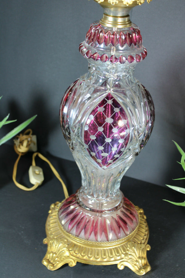 French vintage crystal glass cut Table lamp Cranbrerry Glass shade rare 1960