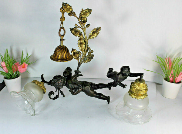 Antique French brass spelter 2 putti cherub chandelier pendant lamp rare