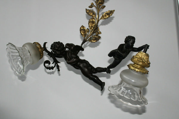 Antique French brass spelter 2 putti cherub chandelier pendant lamp rare