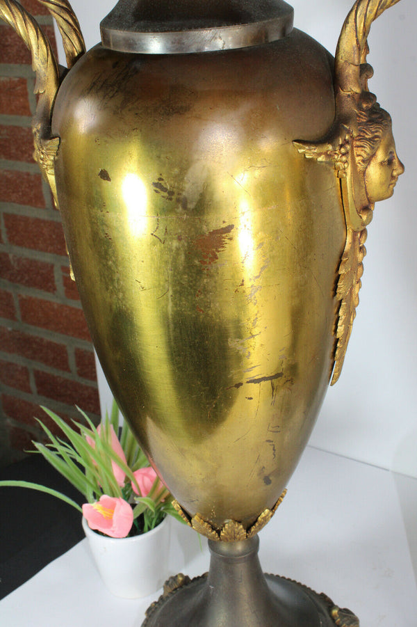 PAIR antique XL MEtal copper Vases bronze caryatid heads