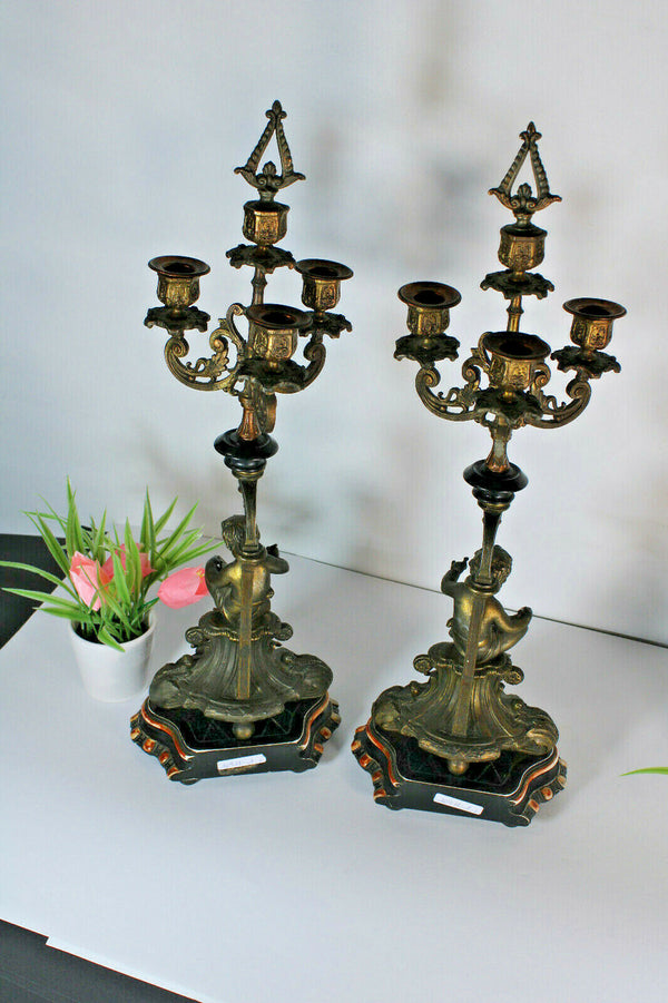 PAIR antique Cherub putti figural Candelabras candle holders zamac metal