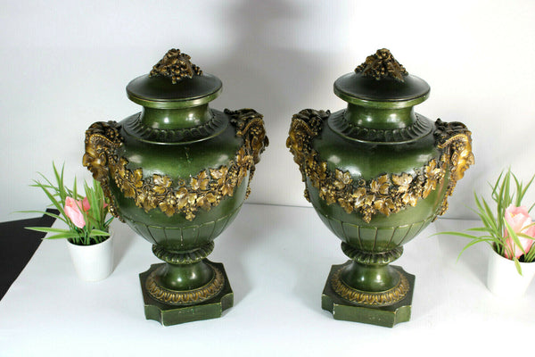 PAIR XL antique chalkware art nouveau satyr devil head amphore vases marked