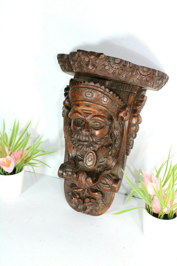 Antique French gothic wood carved head wall console devil satyr