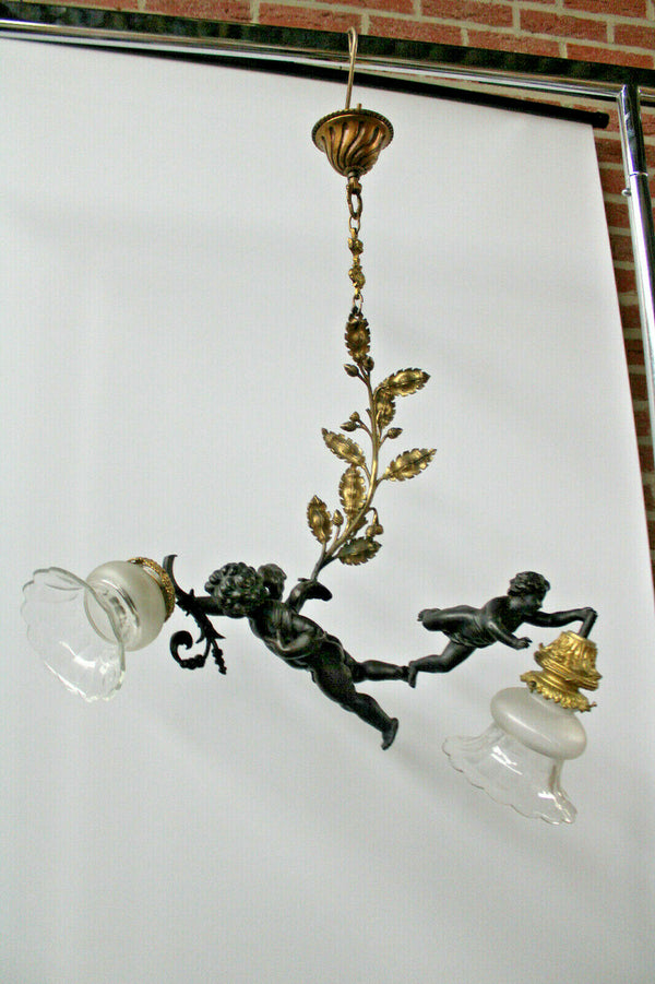 Antique French brass spelter 2 putti cherub chandelier pendant lamp rare