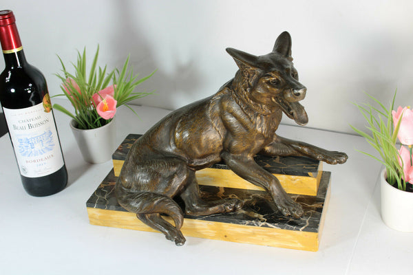 Antique French art deco marble spelter zamac dog Marble base statue sculpture
