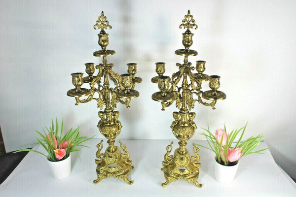 PAIR Brass cherub putti dragon candelabras candle holder