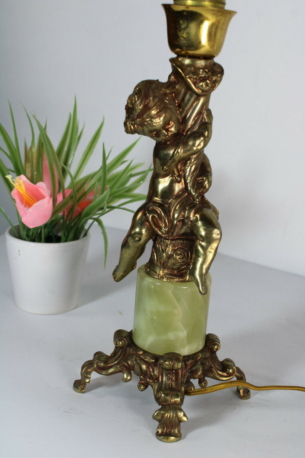 Vintage french brass putti cherub figurine onyx marble table lamp