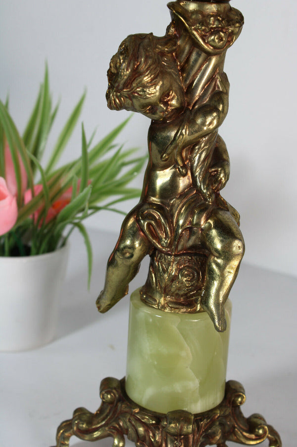 Vintage french brass putti cherub figurine onyx marble table lamp