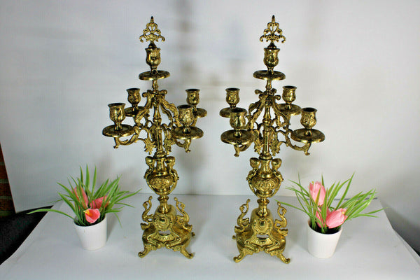 PAIR Brass cherub putti dragon candelabras candle holder