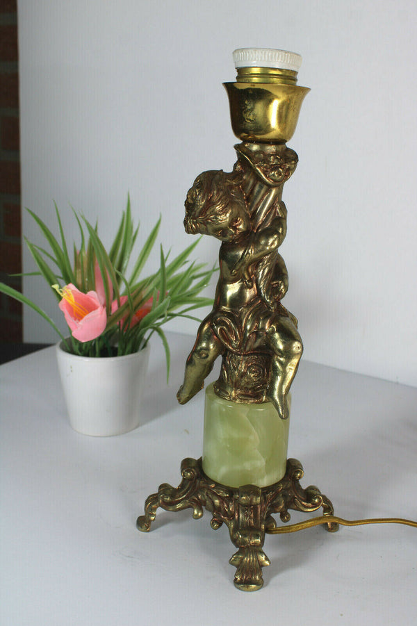 Vintage french brass putti cherub figurine onyx marble table lamp