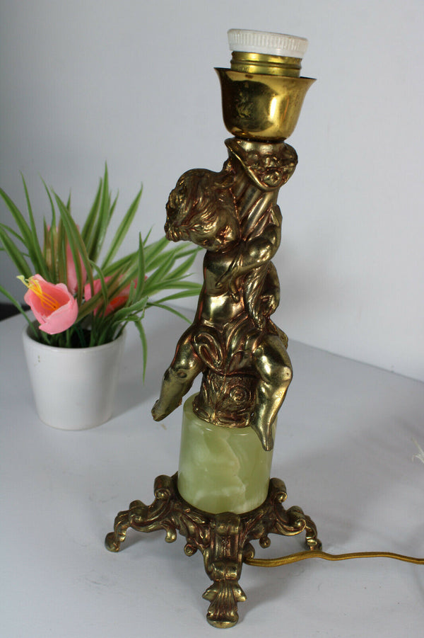 Vintage french brass putti cherub figurine onyx marble table lamp