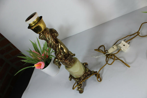 Vintage french brass putti cherub figurine onyx marble table lamp