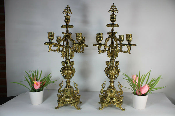 PAIR Brass cherub putti dragon candelabras candle holder