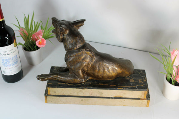 Antique French art deco marble spelter zamac dog Marble base statue sculpture