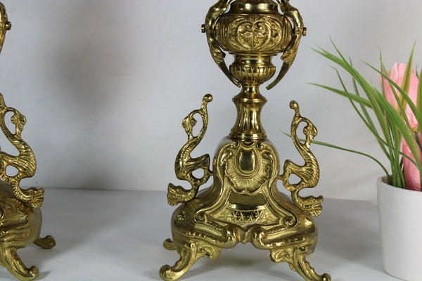 PAIR Brass cherub putti dragon candelabras candle holder