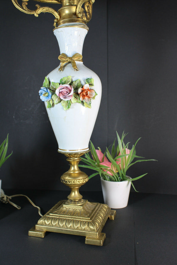XL French porcelain Faience Table lamp floral decor ram heads