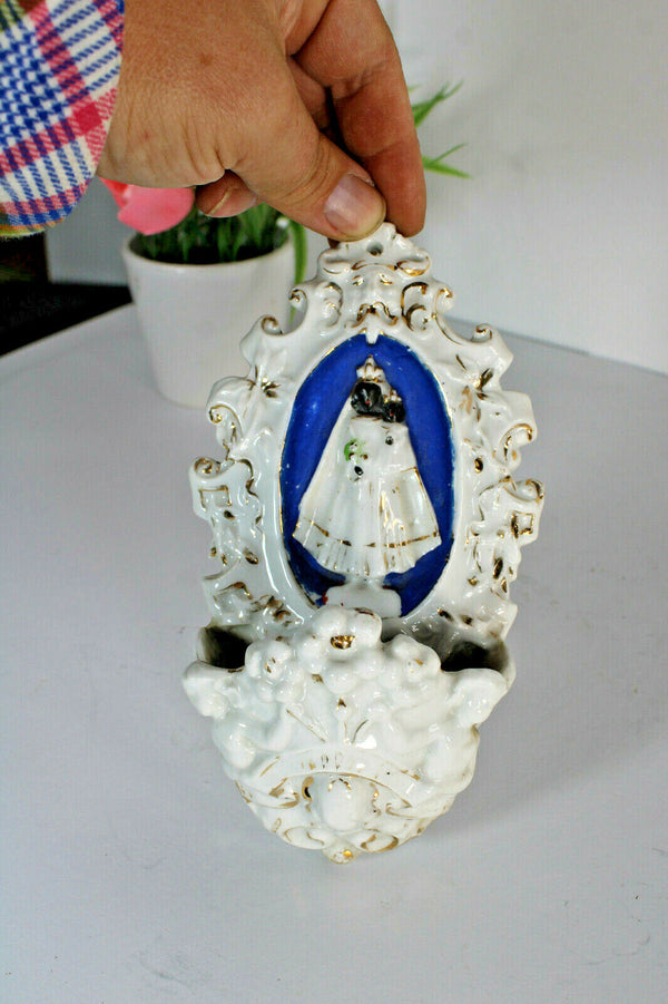 Antique vieux paris paris porcelain Black madonna holy water font 19thc