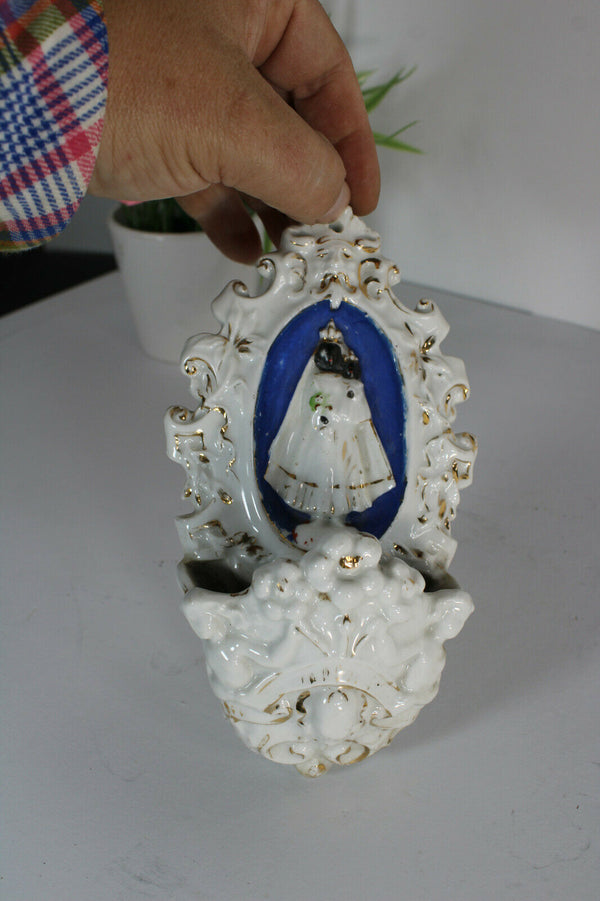 Antique vieux paris paris porcelain Black madonna holy water font 19thc