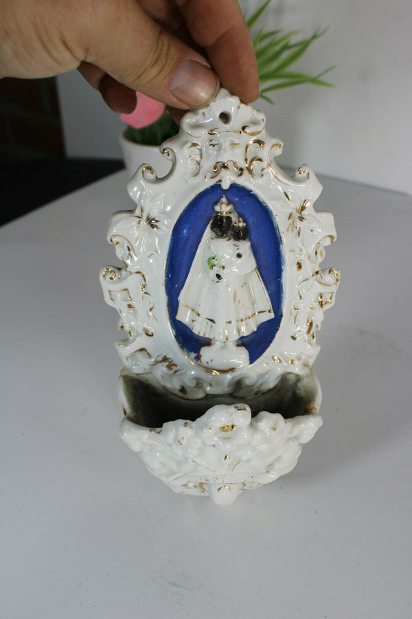 Antique vieux paris paris porcelain Black madonna holy water font 19thc