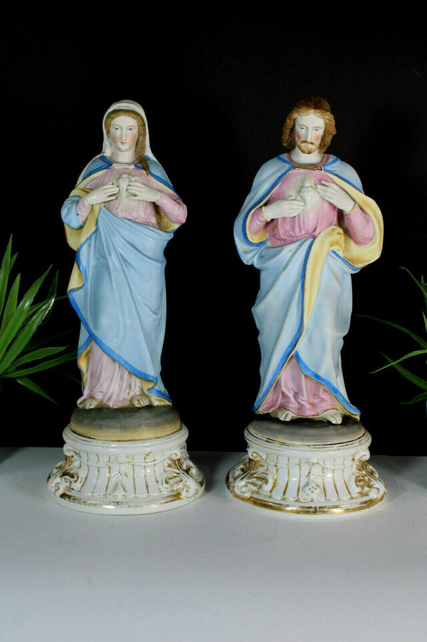 PAIR antique vieux andenne bisque porcelain sacred heart christ mary statue rare