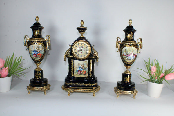 Vintage ACF sevres marked porcelain victorian scene mantel clock set vases