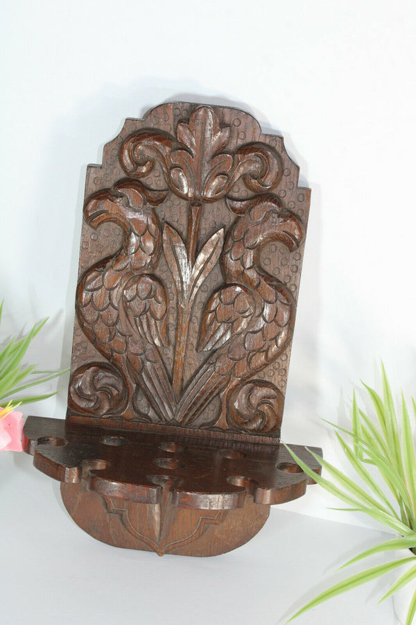 Antique French wood carved wall pipe rack console birds rare